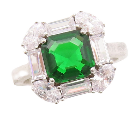 925 Sterling Silver Vintage Ring Green Square Cut Halo White Topaz  Sz 7 RG29542