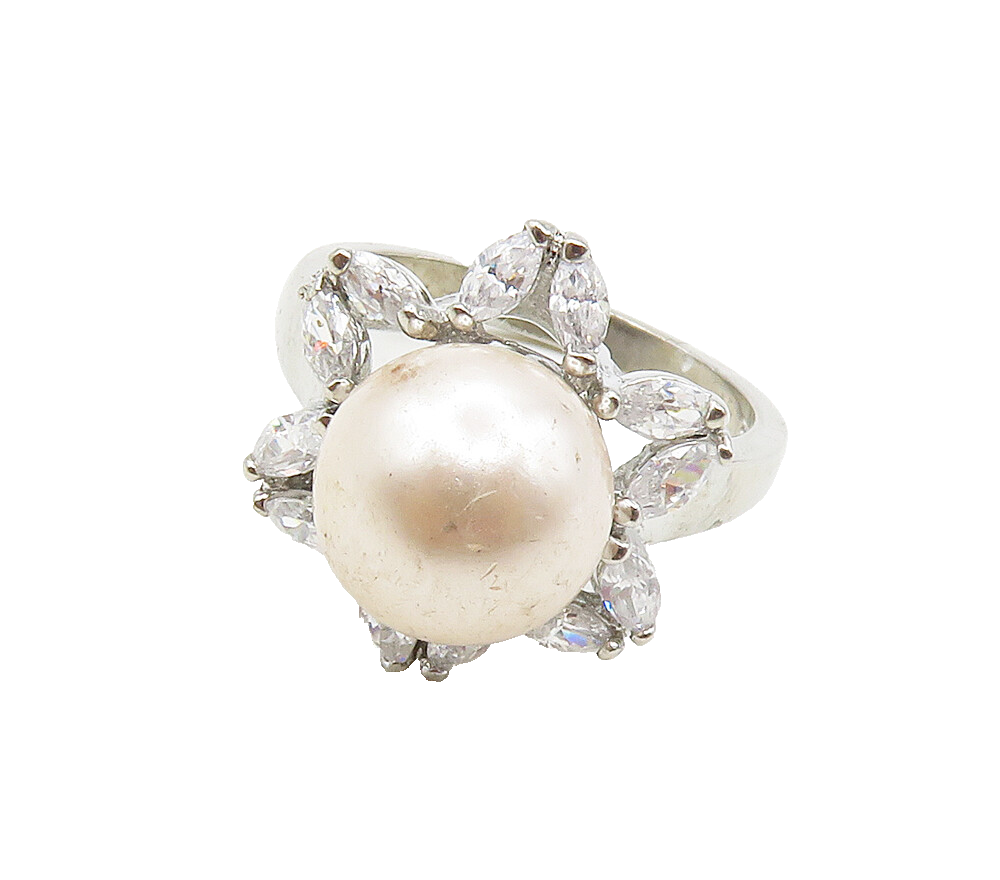 925 Sterling Silver  Pearl & Topaz Flower Motif Cocktail Ring Sz 7  RG15640