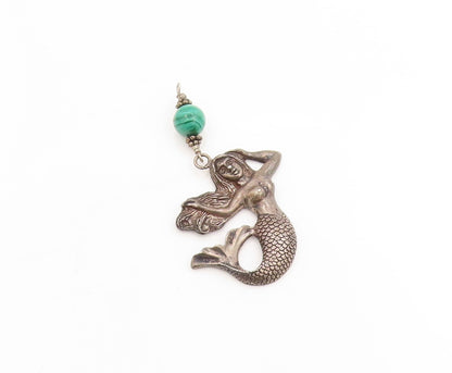 925 Sterling Silver Vintage Pendant Malachite Beaded Mermaid Locket  PT25371