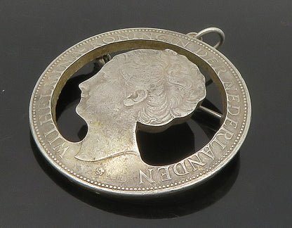 925 Sterling Silver  Vintage Antique Netherlands Queen Coin Brooch Pin  BP6273