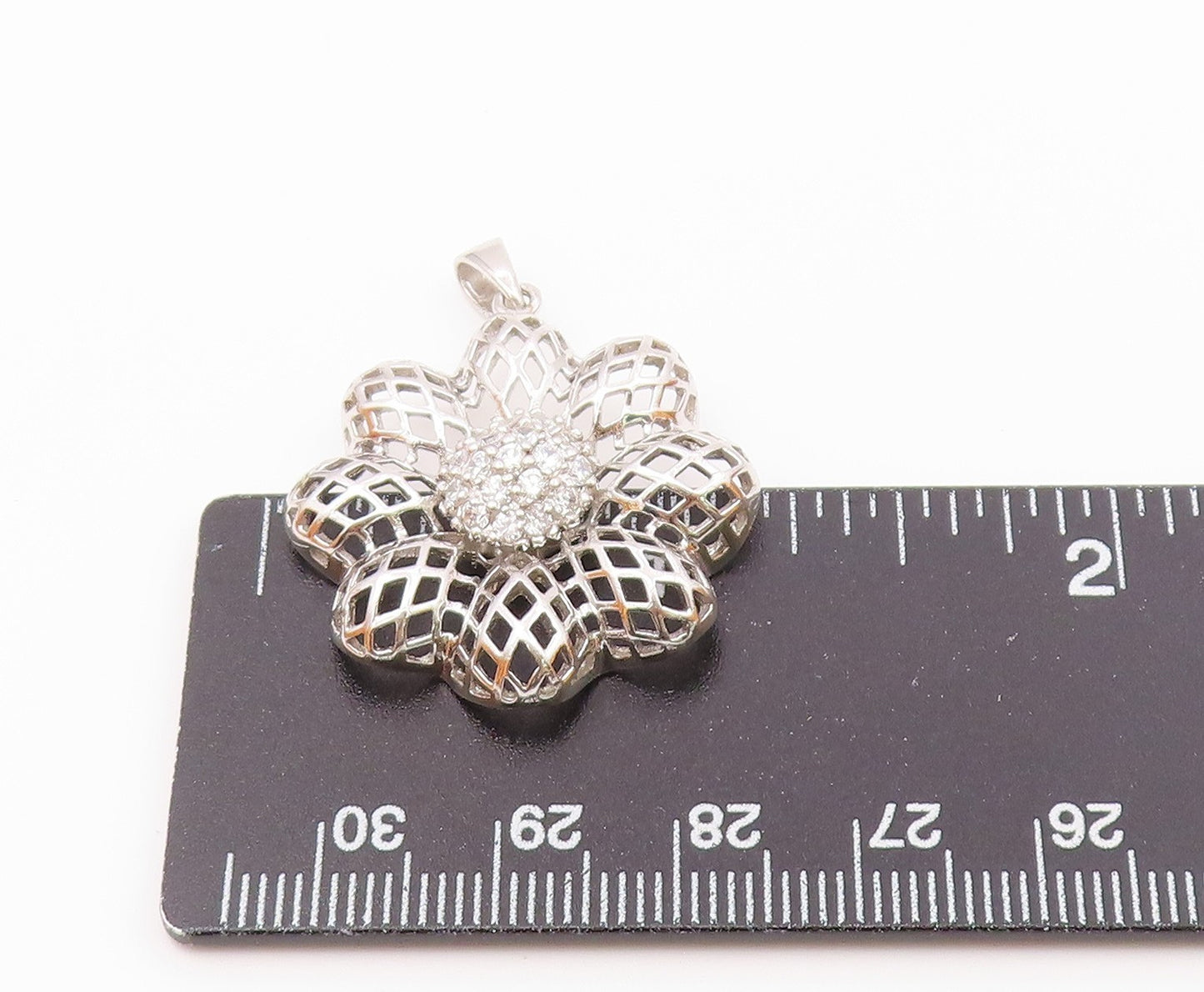 925 Sterling Silver  Vintage Cubic Zirconia Flower Motif Pendant  PT18977