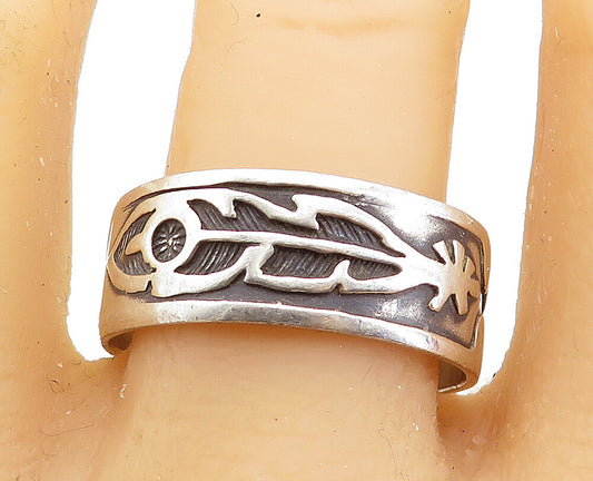 925 Silver Vintage Oxidized Feather Band Ring Sz 13.5 RG7414