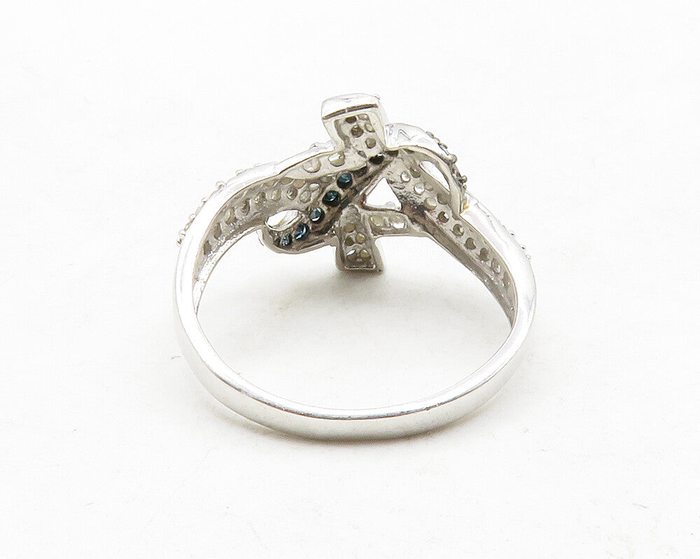 925 Sterling Silver  Genuine Blue & White Diamonds Band Ring Sz 8  RG13114