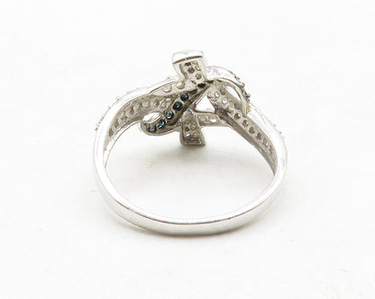 925 Sterling Silver  Genuine Blue & White Diamonds Band Ring Sz 8  RG13114