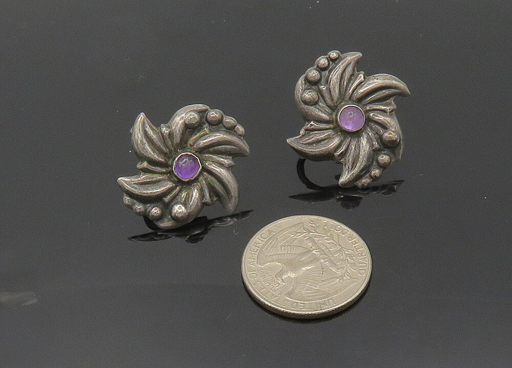 MEXICO 925 Sterling Silver Vintage Antique Amethyst Non Pierce Earrings  EG10170