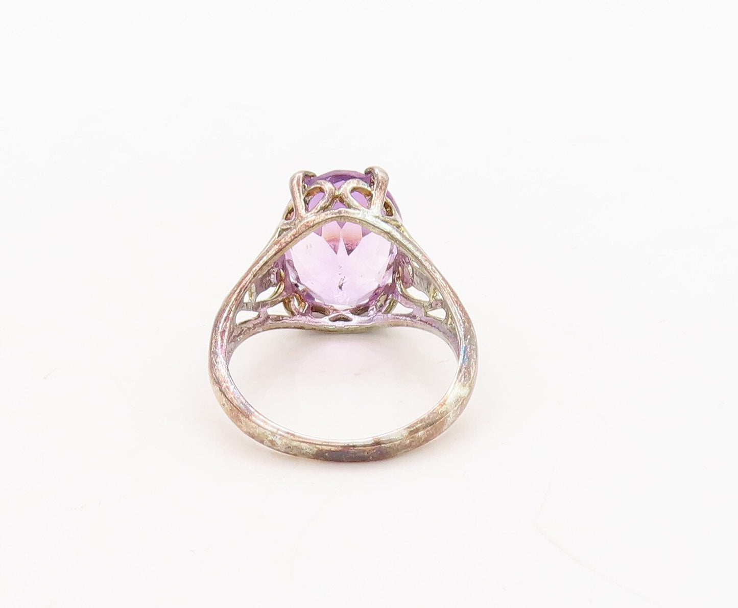 925 Sterling Silver Vintage Ring Heart Cutout Oval Amethyst  Sz 6.5  RG29673