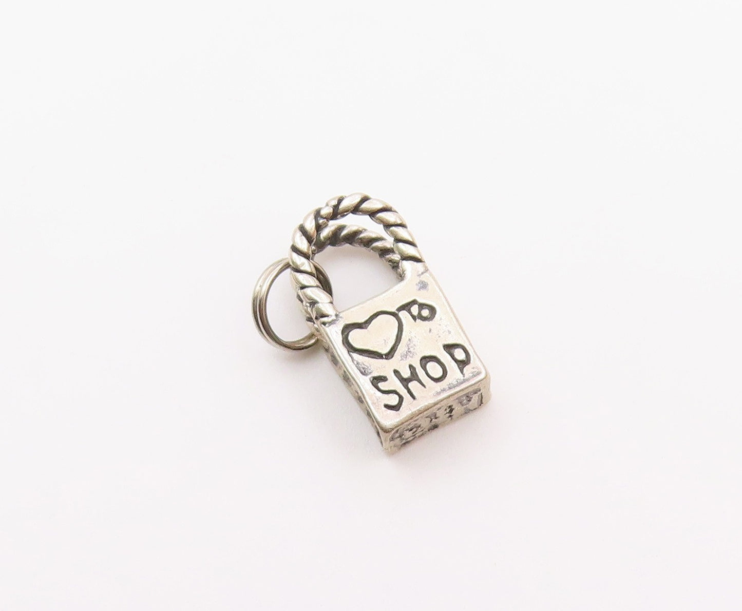 925 Sterling Silver  Vintage Petite Ribbon Bow Shopping Bag Pendant  PT19369
