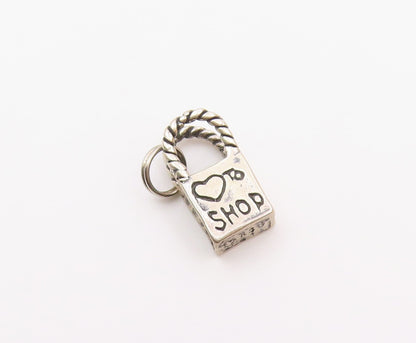 925 Sterling Silver  Vintage Petite Ribbon Bow Shopping Bag Pendant  PT19369