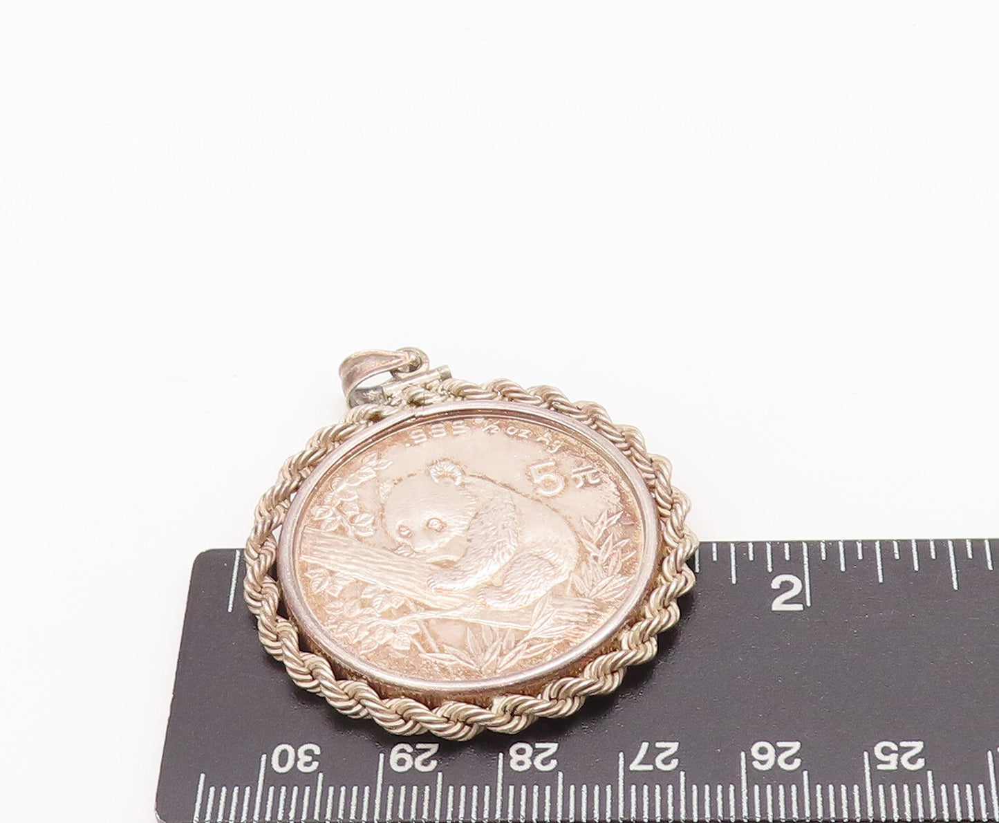 925 Sterling Silver Vintage Pendant Carved Panda Twisted Rope Border  PT22547