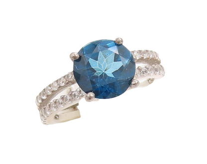 925 Sterling Silver Vintage Ring Round Cut Sapphire & CZ Inlay  Sz 7  RG30653