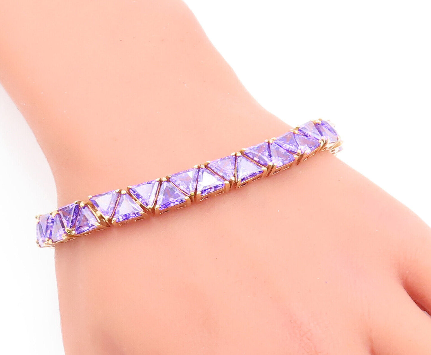 925 Sterling Silver Vintage Bracelet Gold Plated Triangle Cut Purple CZ  BT10628