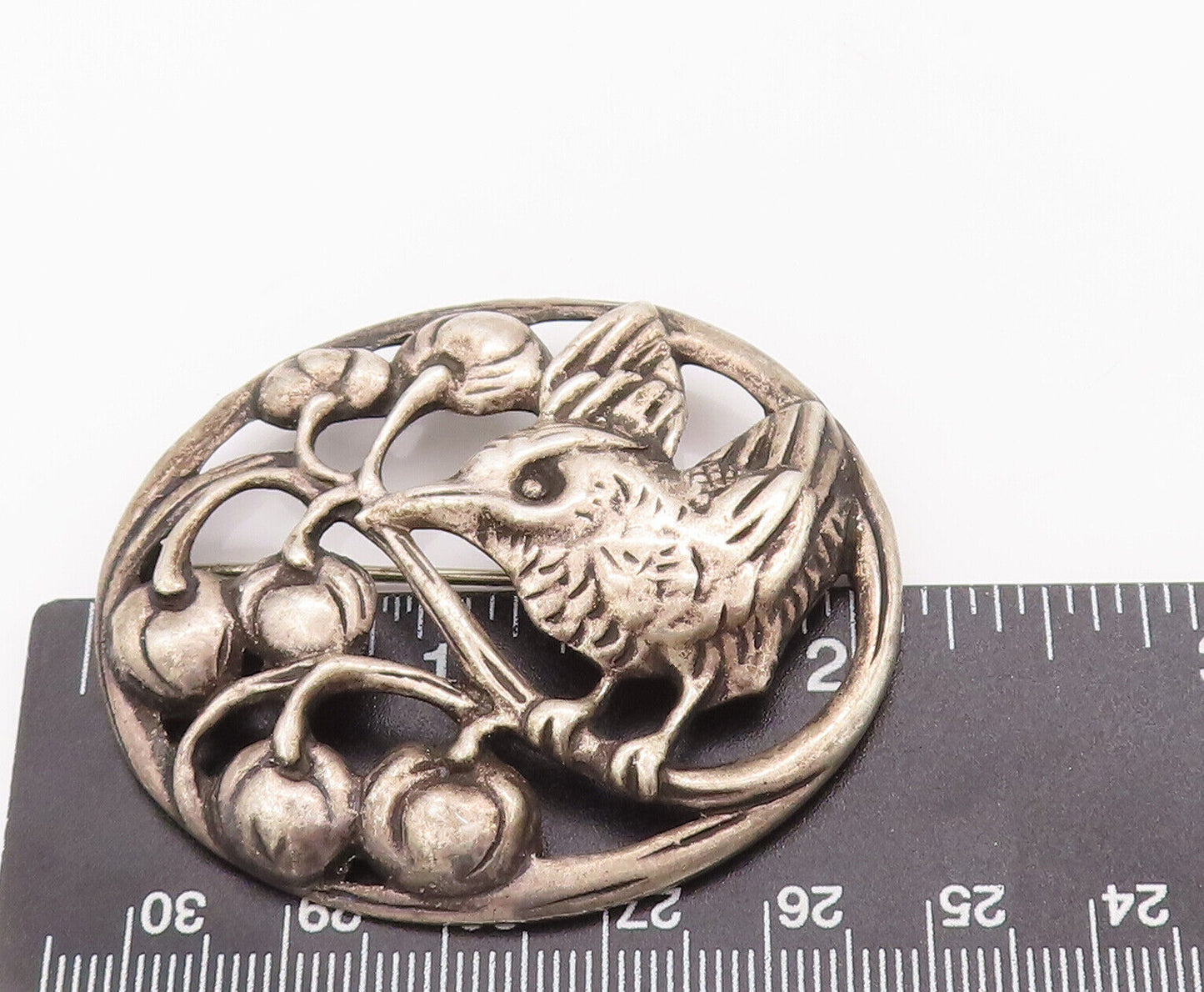 925 Sterling Silver Vintage Brooch Pin Antique Carved Bird On Tree  BP10829