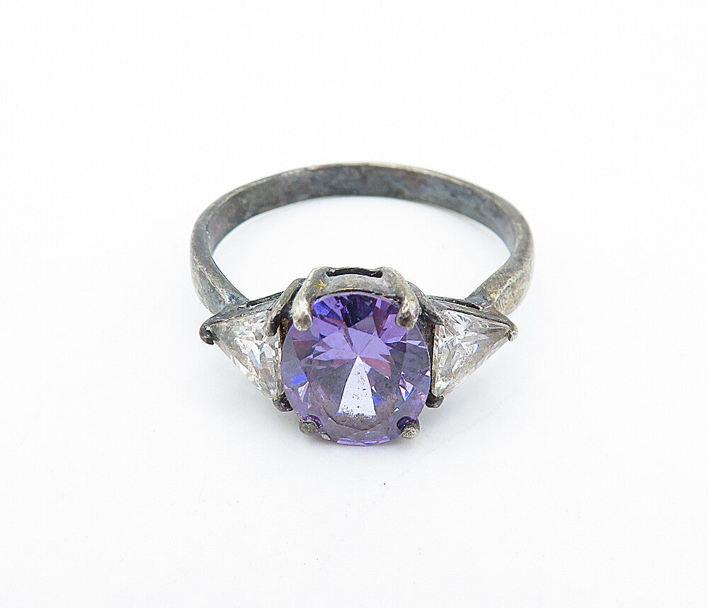 925 Silver  Vintage Purple & White Cubic Zirconia Band Ring Sz 9.5  RG7144