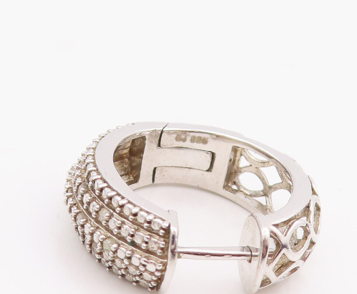 925 Sterling Silver Vintage Earrings Cutout Solid Diamonds Inlay Hoops  EG13066