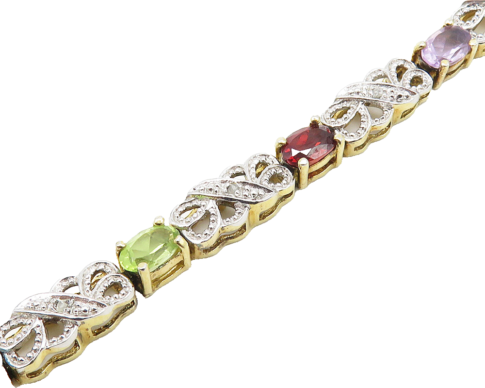 925 Silver Genuine Diamond Topaz Peridot & Multi Stone Chain Bracelet BT7694