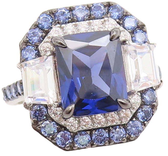 925 Sterling Silver Vintage Ring Rectangle Cut Blue White CZ Inlay Sz 7  RG29550