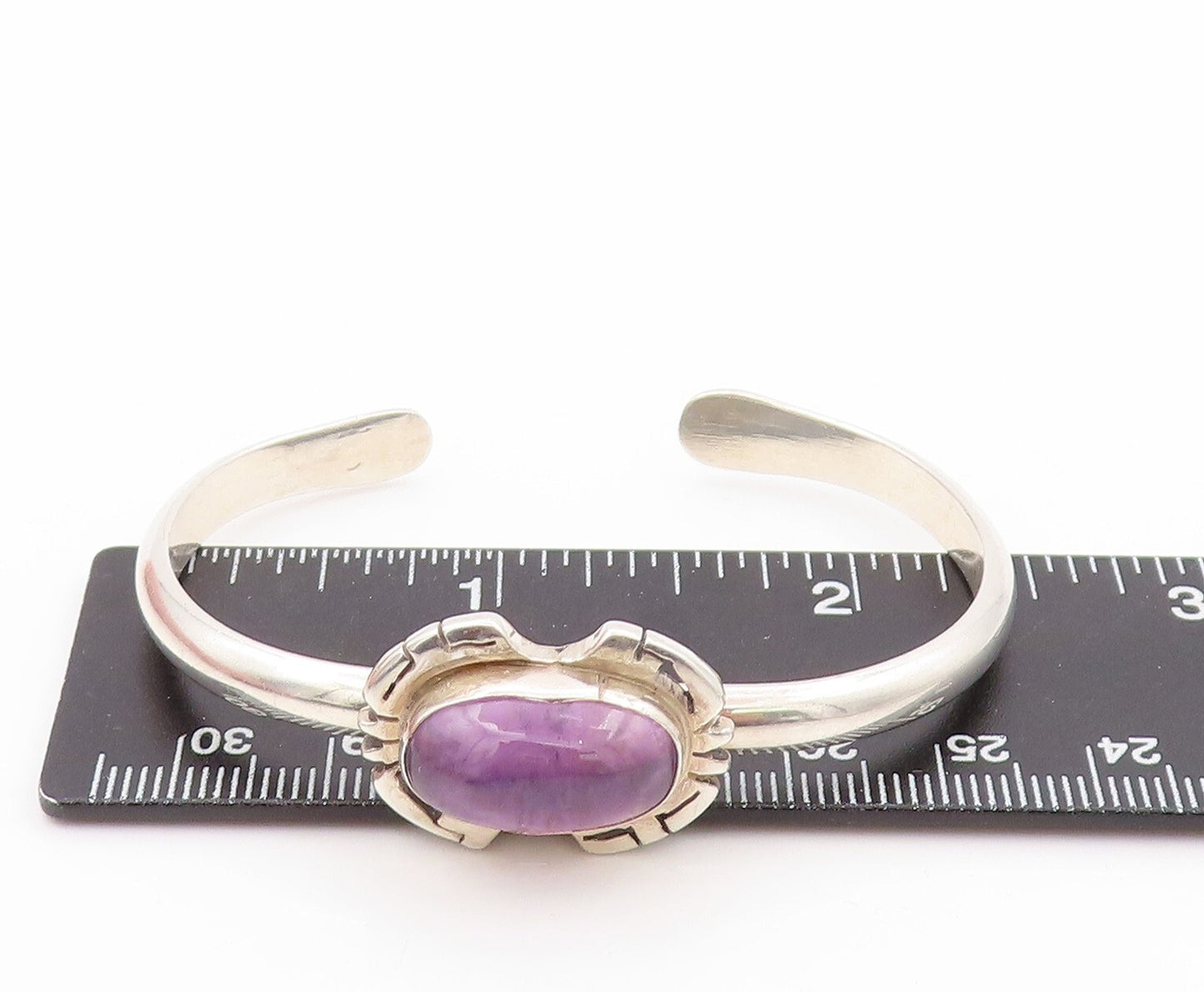 925 Sterling Silver Vintage Bracelet Oval Cabochon Amethyst Cutout Cuff  BT11065