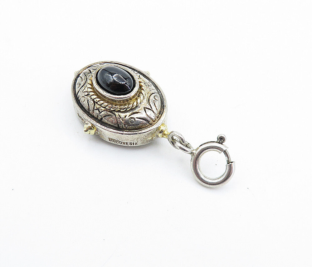 925 Sterling Silver  Vintage Black Hematite Two Tone Floral Pendant  PT4125