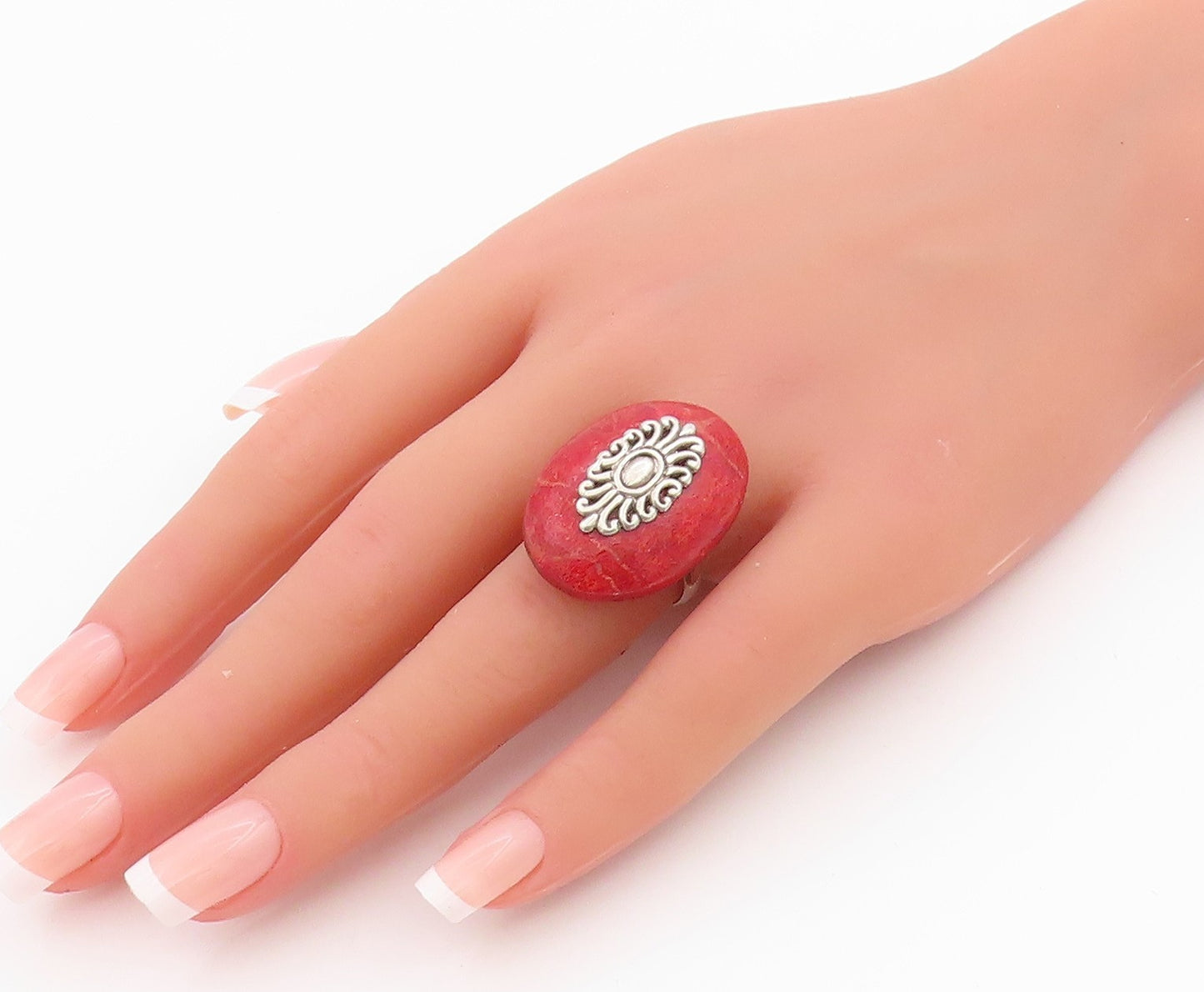 925 Sterling Silver Vintage Ring Oval Gemstone Swirly Flower Design Sz 8 RG33192