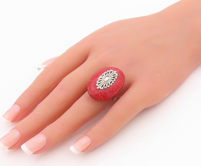925 Sterling Silver Vintage Ring Oval Gemstone Swirly Flower Design Sz 8 RG33192