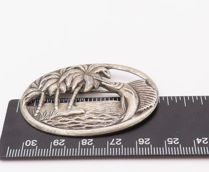 925 Sterling Silver Vintage Brooch Pin Solid Cutout Fish Beach Landscape BP11193