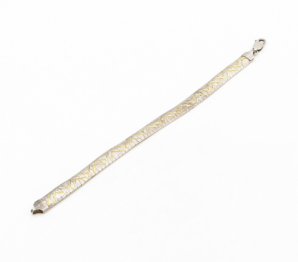 925 Sterling Silver   Vintage Shiny Two Tone Panel Chain Bracelet  BT6401