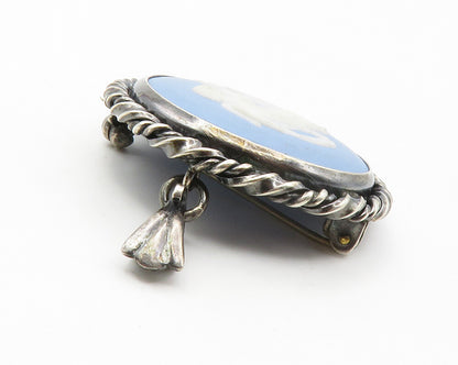 ENGLAND 925 Silver  Vintage Carved Baby Angel Blue Cameo Brooch Pin  BP5456