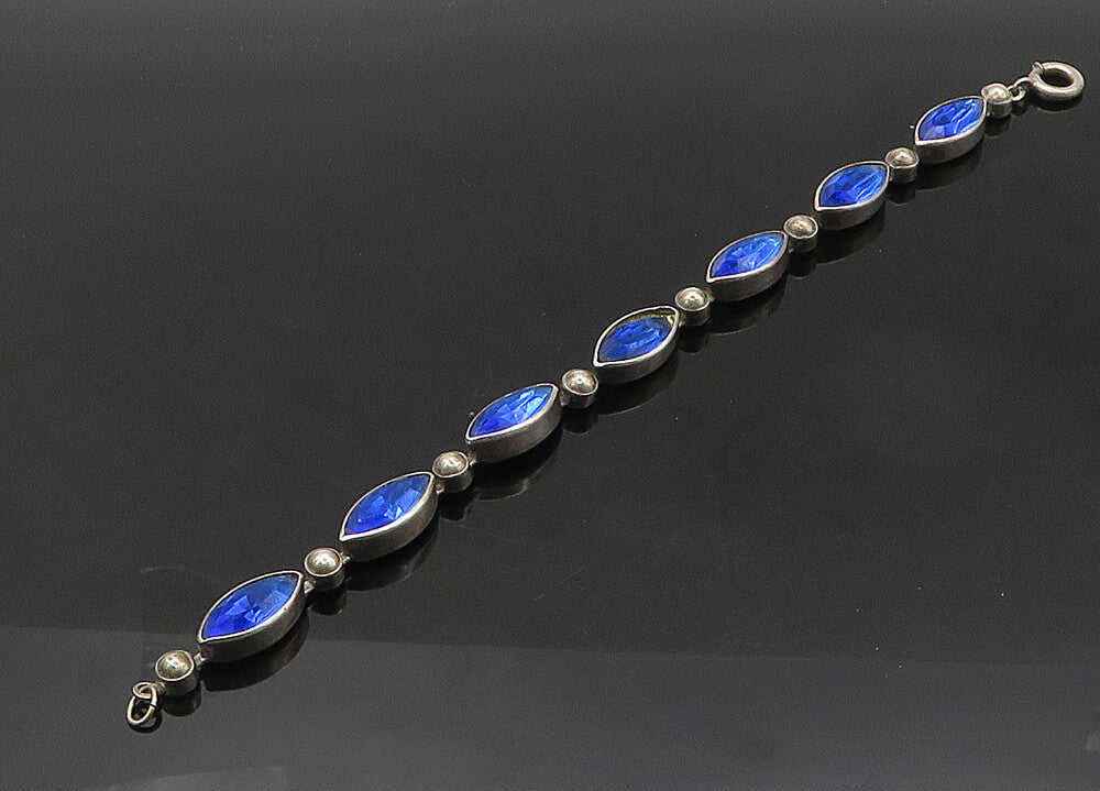 925 Sterling Silver  Vintage Marquise Cut Blue Stone Chain Bracelet  BT8478