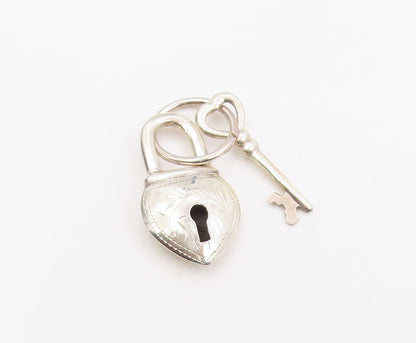 925 Sterling Silver Vintage Pendant Etched Heart Shaped Padlock & Key  PT25764