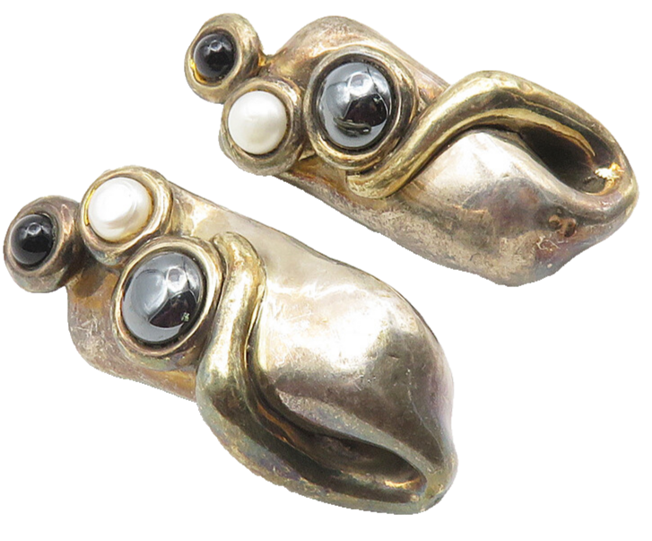 BATAMI ISRAEL 925 Silver  Vintage Pearl Onyx & Hematite Drop Earrings  EG5659