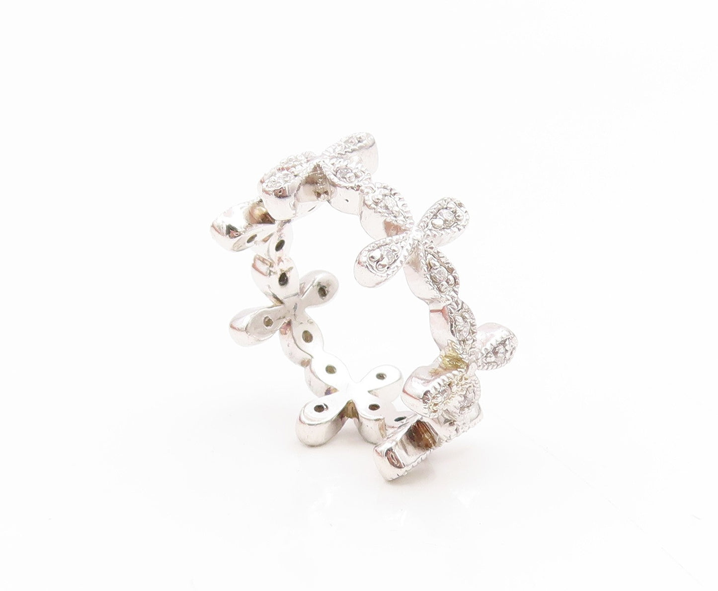 925 Sterling Silver Vintage Ring CZ Floral Petal Eternity Band  Sz 7  RG35234