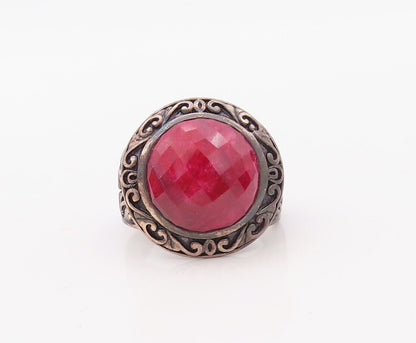 925 Sterling Silver Vintage Ring Dark Tone Swirly Carved Red Gem  Sz 10  RG30290