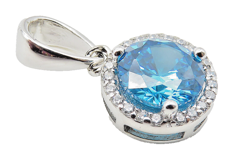 925 Sterling Silver  Prong Set Blue & White Topaz Round Drop Pendant  PT8327
