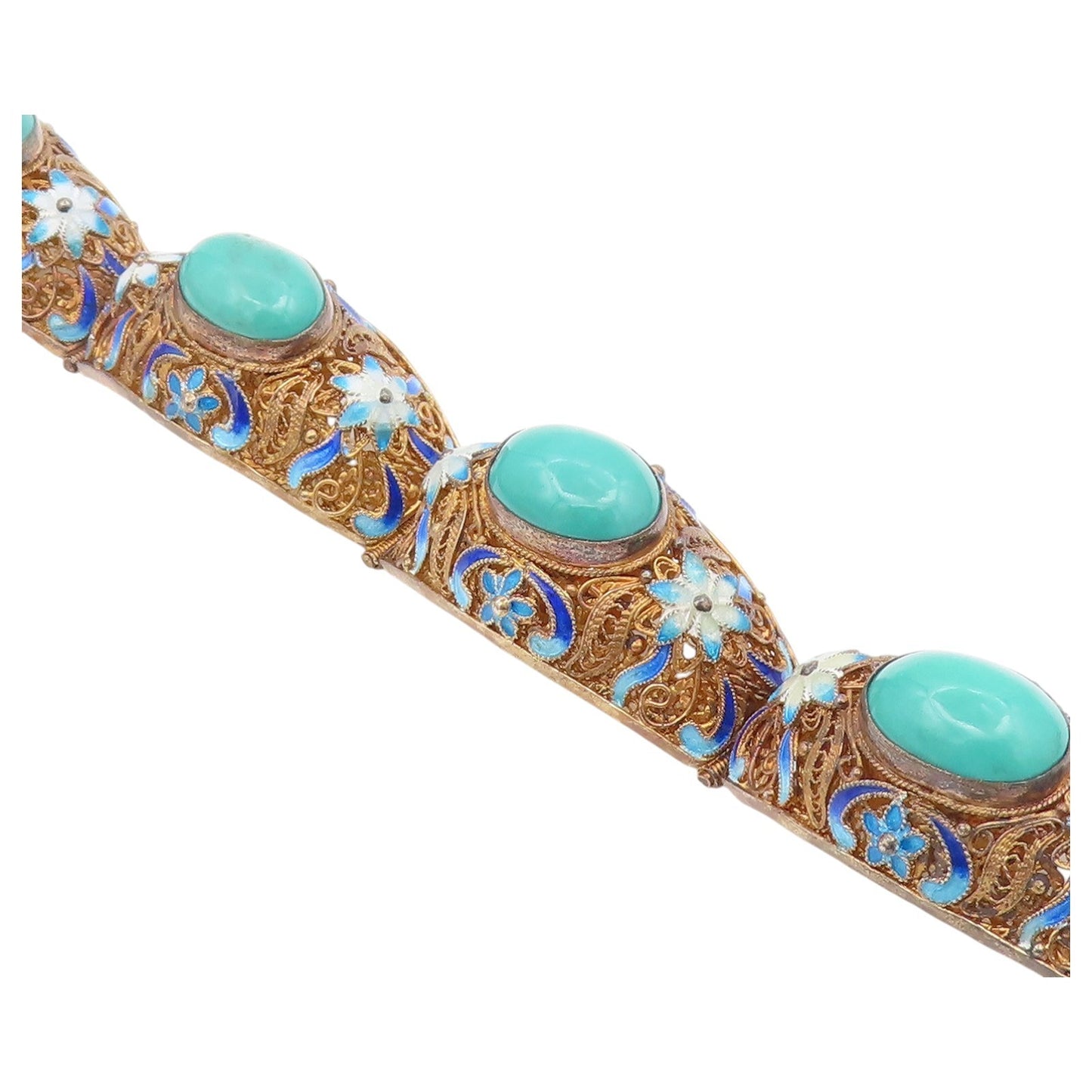 925 Sterling Silver Vintage Bracelet CHINESE EXPORT Turquoise Filigree  BT12192