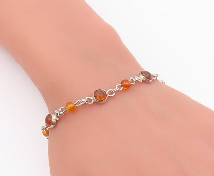 925 Sterling Silver  Vintage Cabochon Cut Amber Round Chain Bracelet  BT6849