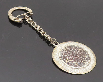 MEXICO 925 Silver  Vintage Aztec Round Carved Sun Calendar Keychain  TR3664