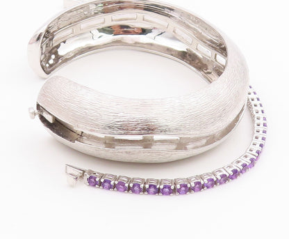 925 Sterling Silver Vintage Bracelet Modernist Amethyst Chain Inlay Cuff BT11351