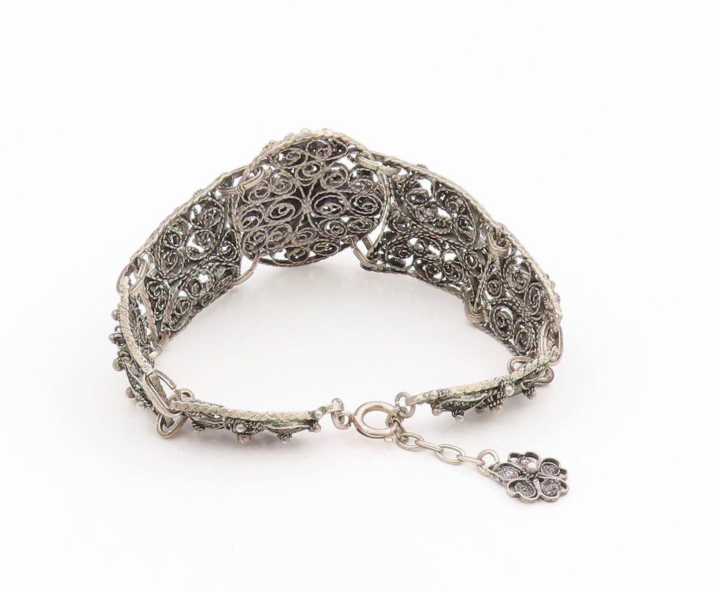 925 Sterling Silver Vintage Bracelet Turquoise Intricate Floral Filigree BT11710