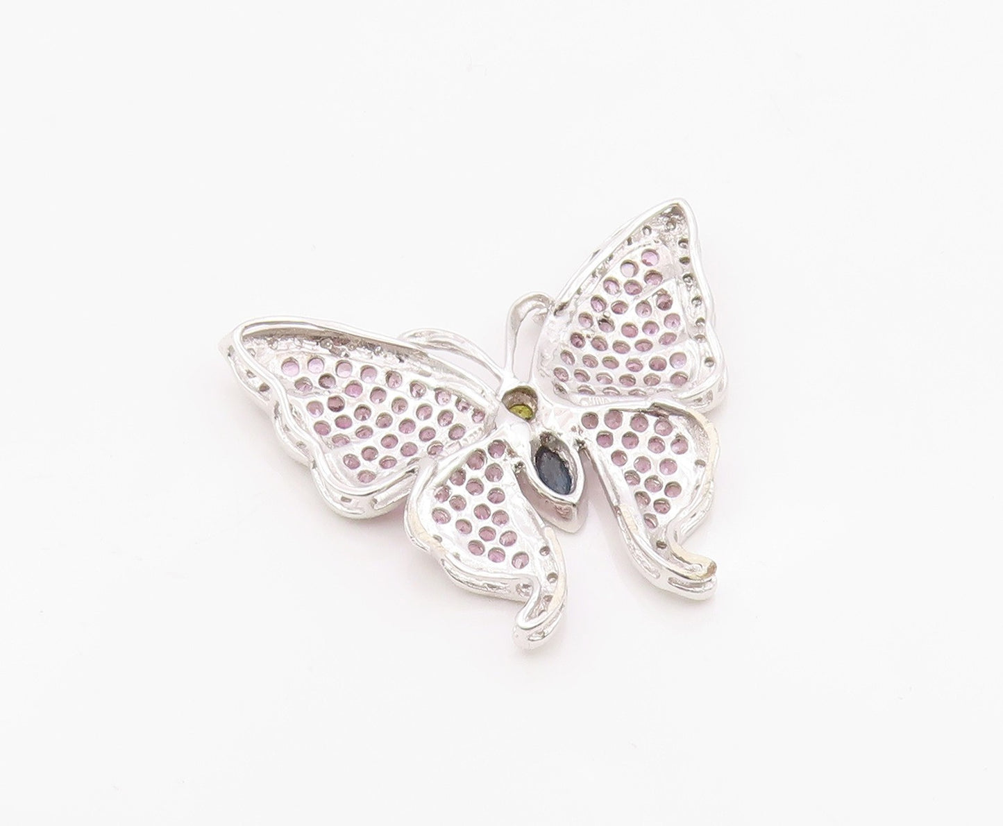 925 Sterling Silver Vintage Pendant Real Diamonds & Gemstone Butterfly  PT26338