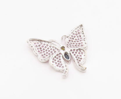 925 Sterling Silver Vintage Pendant Real Diamonds & Gemstone Butterfly  PT26338