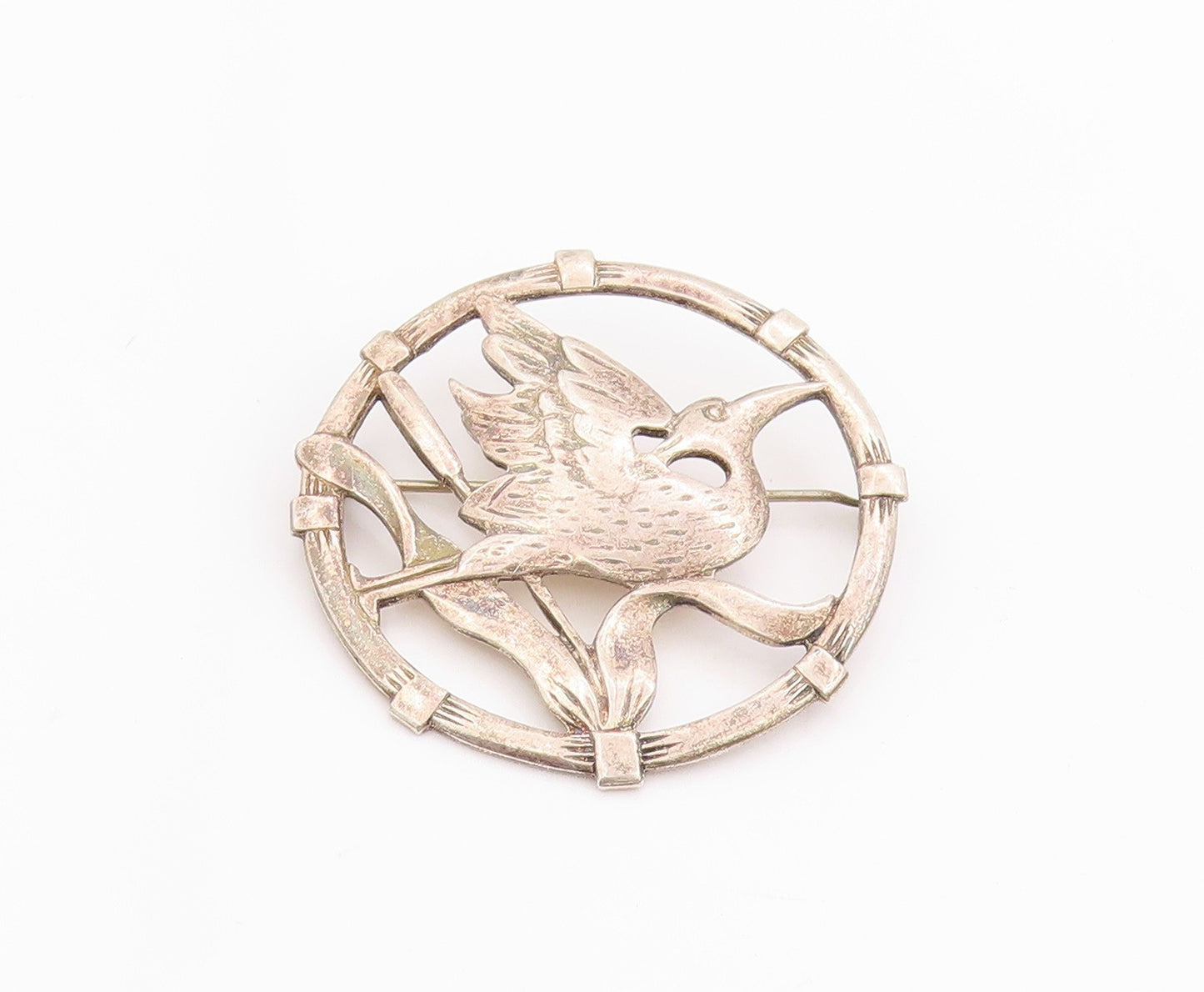 925 Sterling Silver Vintage Brooch BRKS Cutout Framed Bird & Flower  BP11715