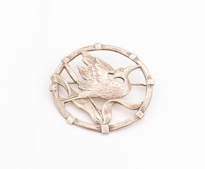 925 Sterling Silver Vintage Brooch BRKS Cutout Framed Bird & Flower  BP11715