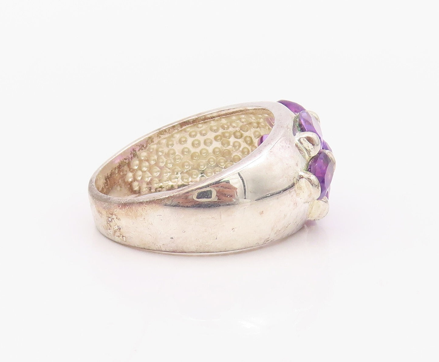 925 Sterling Silver Vintage Ring Solid Oval Amethyst Floral Inlay SZ 8 RG32092