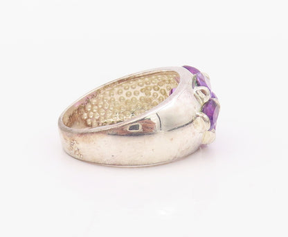 925 Sterling Silver Vintage Ring Solid Oval Amethyst Floral Inlay SZ 8 RG32092