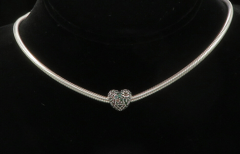 PANDORA 925 Silver  Pink & Green Topaz Heart Charm Snake Chain Necklace NE2225