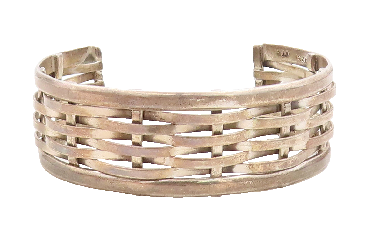 MEXICO 925 Silver  Vintage Dark Tone Basket Weave Design Cuff Bracelet  BT1604