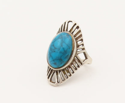 925 Sterling Silver  Vintage Open Lines Frame Turquoise Ring Sz 5.5  RG26373