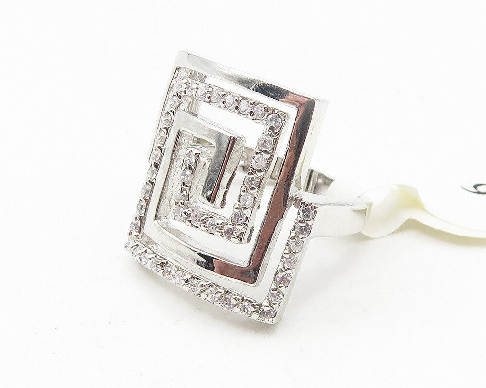 925 Sterling Silver  White Topaz Shiny Greek Key Cocktail Ring Sz 6  RG11362