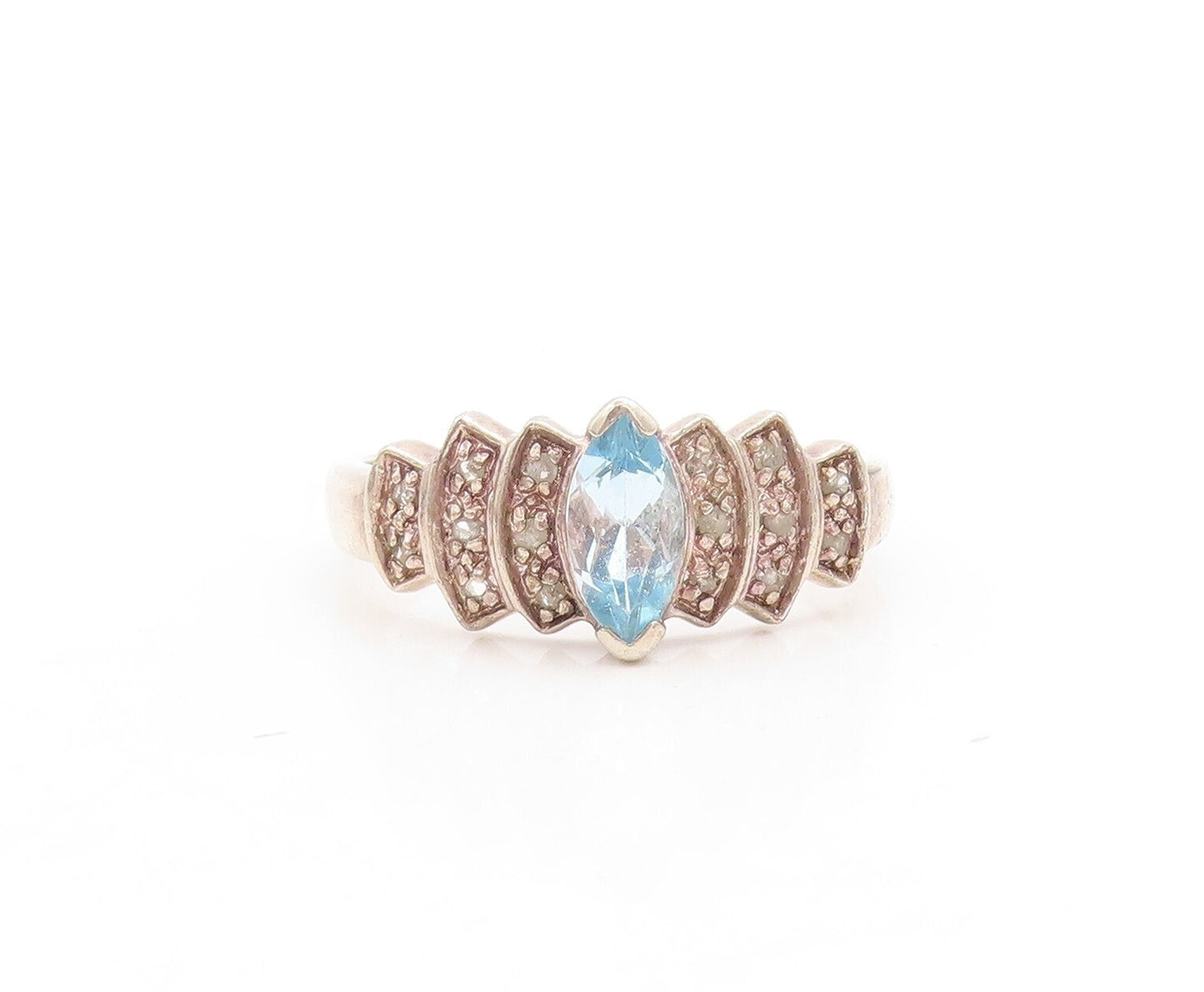 925 Sterling Silver Vintage Ring  Diamonds & Marquise Cut Topaz  Sz 9  RG31291