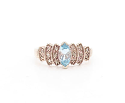 925 Sterling Silver Vintage Ring  Diamonds & Marquise Cut Topaz  Sz 9  RG31291